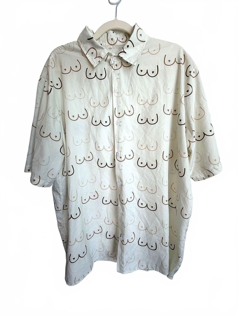 Men XL White Novelty Graffic Button-Up Shirt Boob Print Breast Cancer Awareness